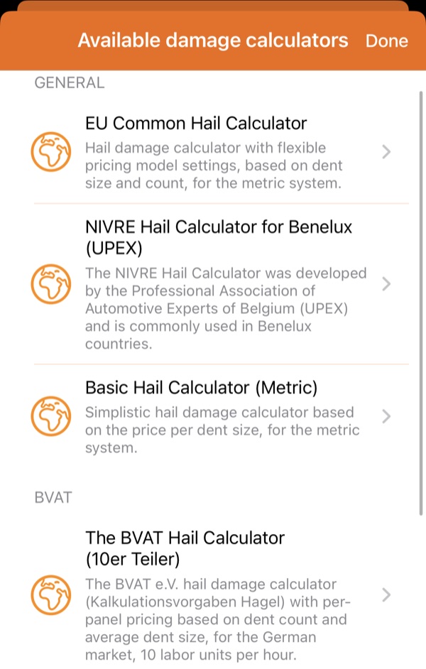 HailMaster-Liste der verfügbaren Schadenrechner, darunter EU Common, NIVRE für Benelux, Basic Metric und BVAT